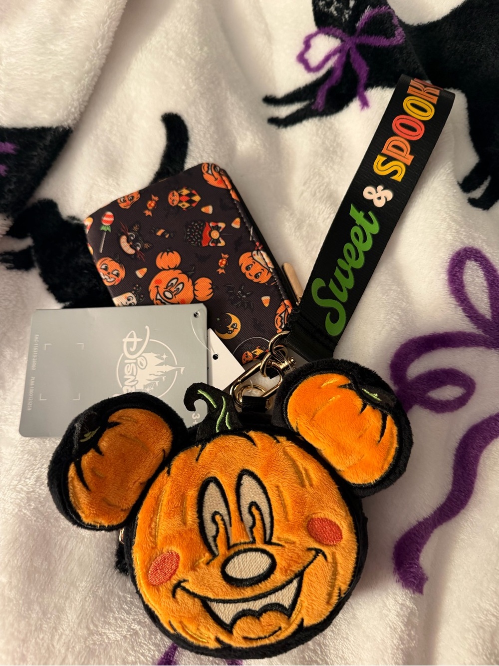 Disney Orange Pumpkin Mickey Plush Keychain Wristlet with 'Sweet & Spooky' Strap